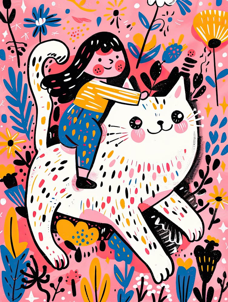 Girl Riding A Cat |Children's prints & kids posters