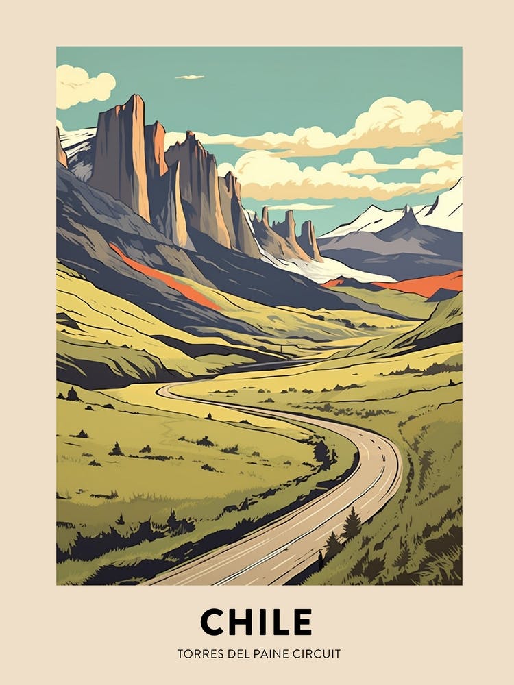 Torres Del Paine Circuit Chile 2 Vintage Hiking Travel Poster