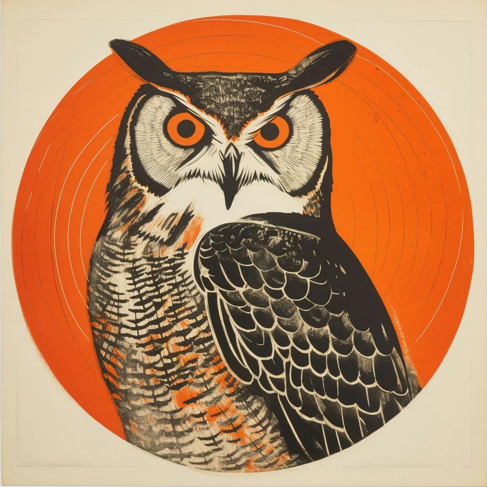 Retro Bird Lithograph Great Horned Owl 4