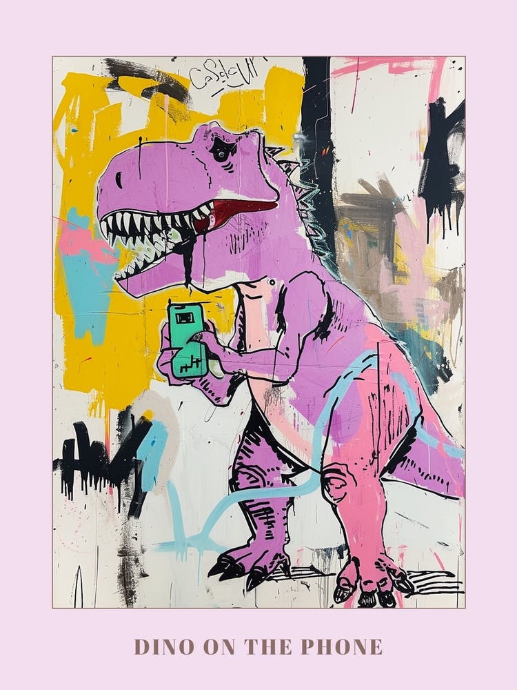 Dinosaur On The Phone Purple Graffiti Style 1 Poster
