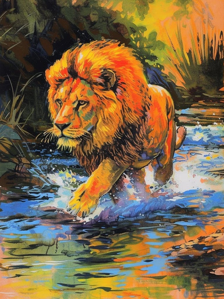 Asiatic Lion Crossing A River Fauvist Painting 2