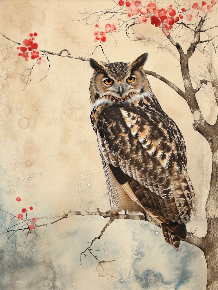 Verreauxs Eagle Owl Japanese Painting 4