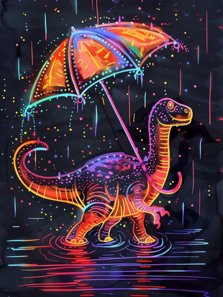 Neon Dinosaur With Umbrella In The Rain 4