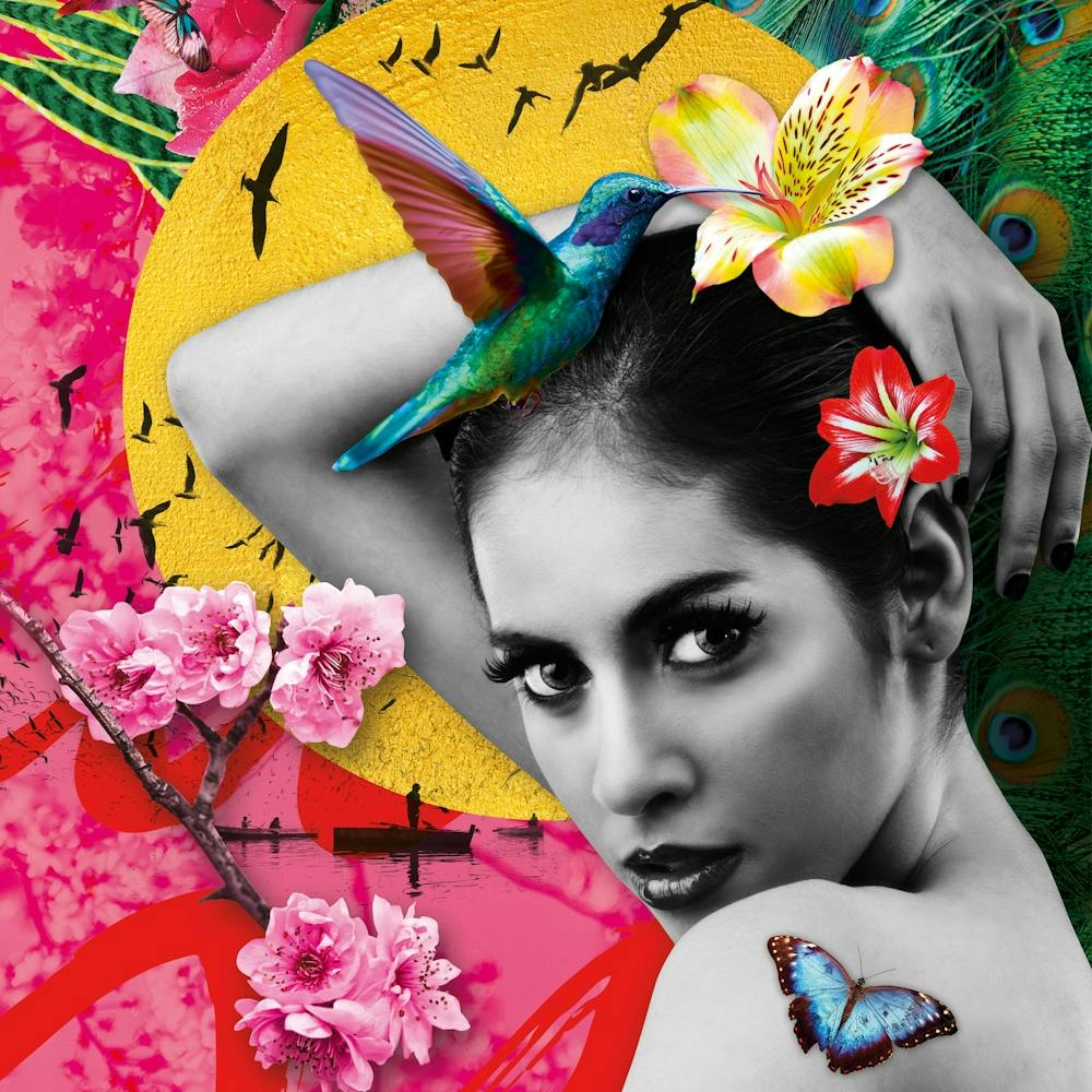 Colourful Oriental Inspired Botanical Art With Girl And Humming Bird 1