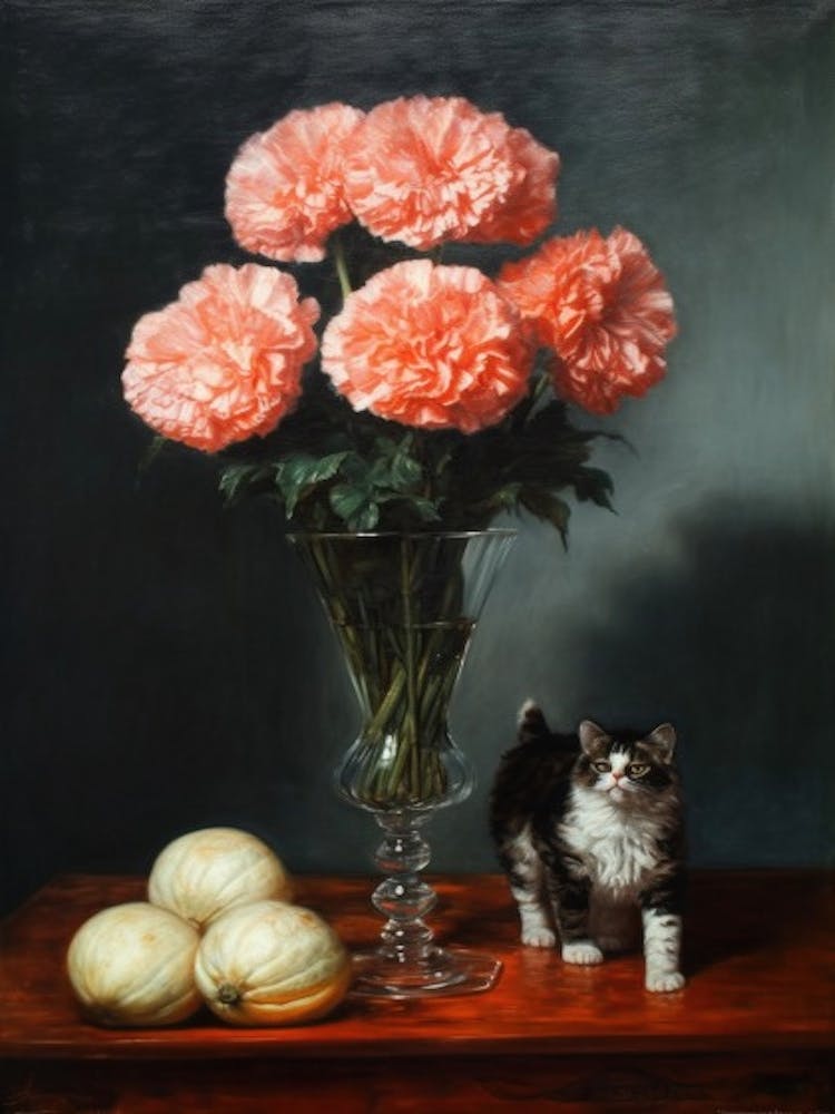 Painting Of A Still Life Of A Carnations With A Cat, Realism 1