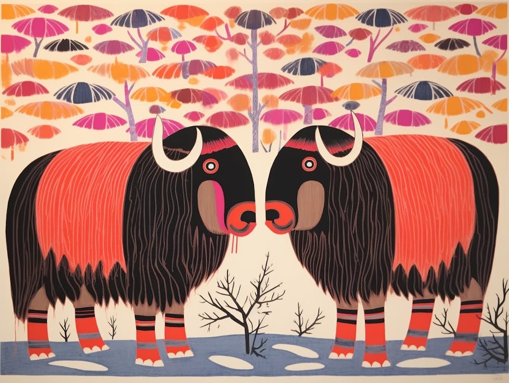 Moschusochse 3 Tierillustration im Folk-Stil