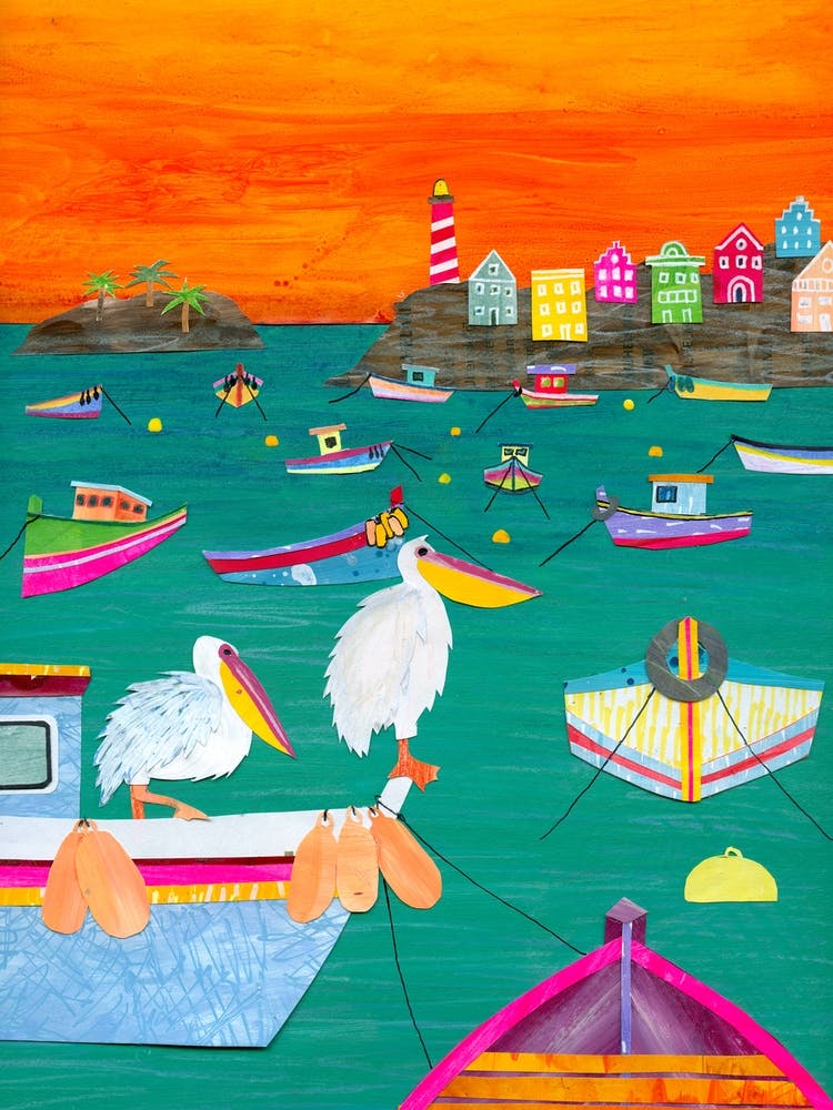 Lots Of Fishing Boats And Two Pelicans