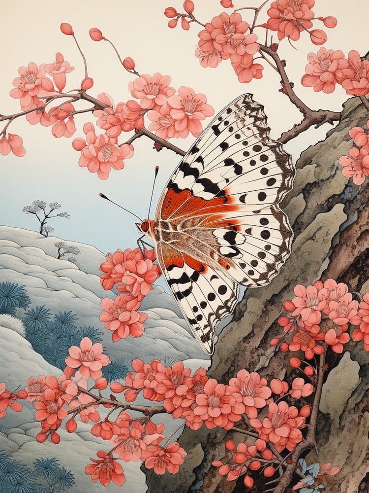Pink Blush Flowers Butterfly Japanese Style Painting 1