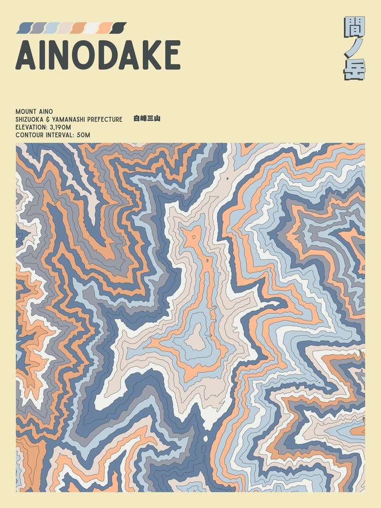 Japan - Mount Aino - Ainodake - Contour Map Print