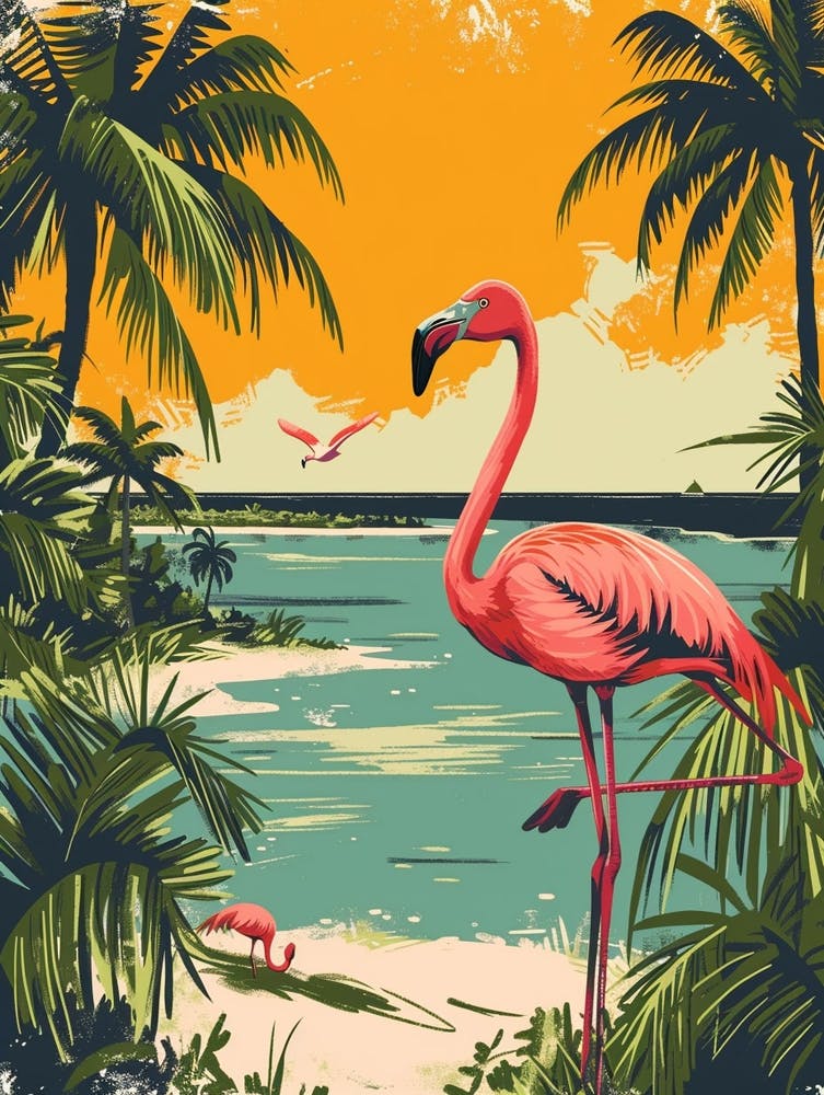 Greater Flamingo Renaissance Island Aruba Tropical Illustration 3