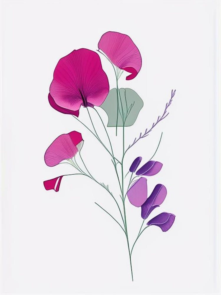 Sweet Pea Floral Minimal Line Drawing 1 Flower