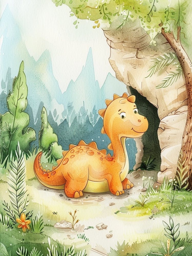 Cute Dinosaur Finds A Cave Storybook Illustration