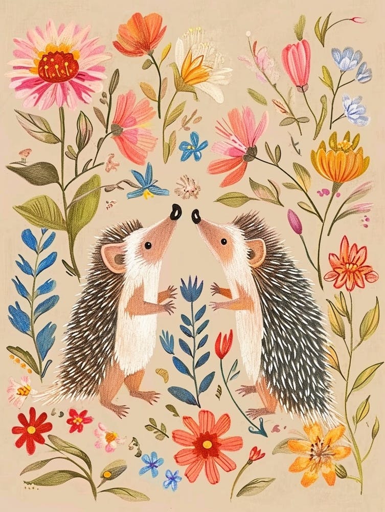 Folksy Floral Animal Drawing Hedgehog 6