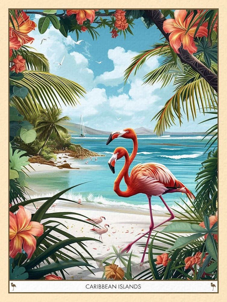 Grand Flamant Des Caraïbes Illustration Tropicale 8 Affiche
