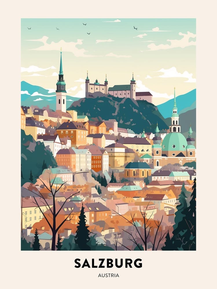 Vintage Winter Travel Poster Salzburg Austria 1