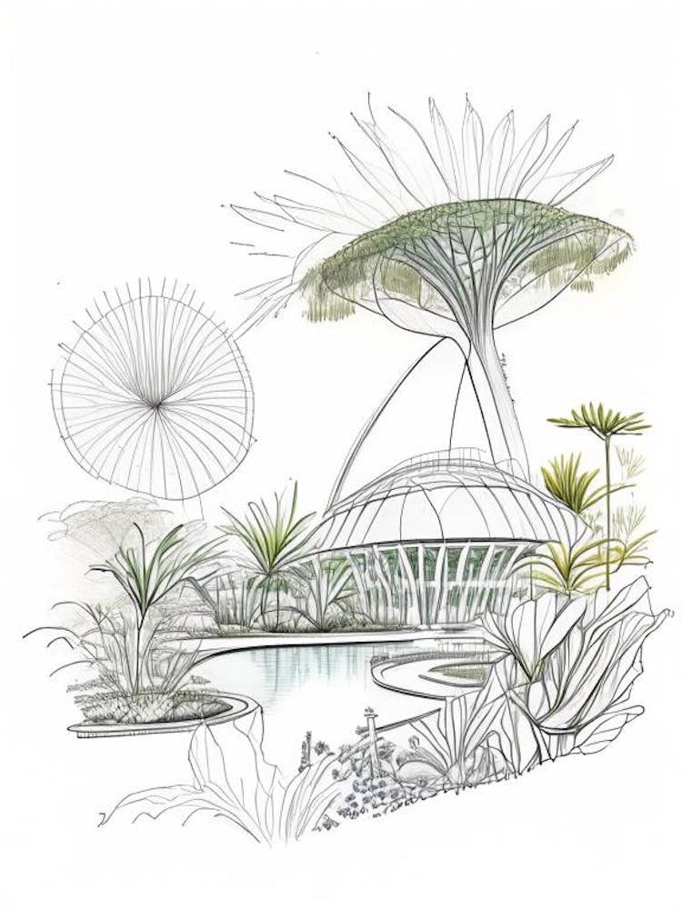 Gardens By The Bay, Singapore Vintage Pencil Drawing