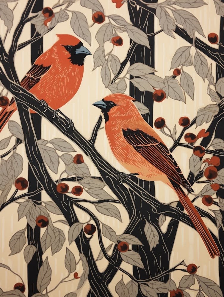 Affiche Oiseaux Art Nouveau Northern Cardinal 2