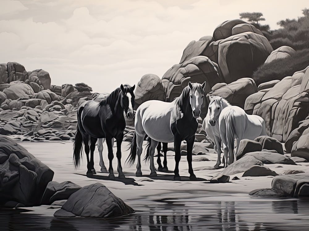 Peinture à l'Huile de Cheval à Boulders Beach, Afrique du Sud, Paysage 3