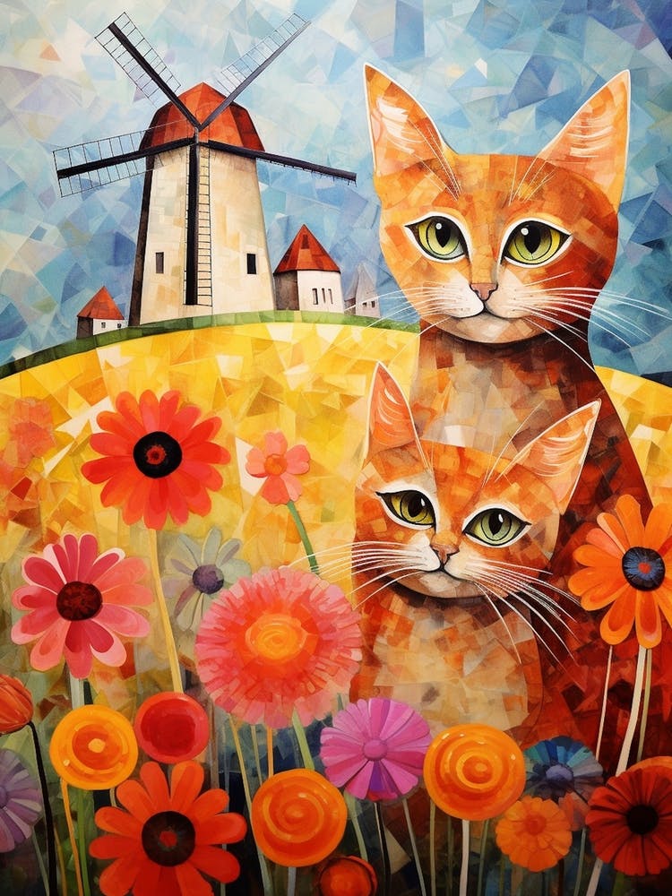 Two Wide Eyed Cats In A Floral Field With A Medieval Windmill