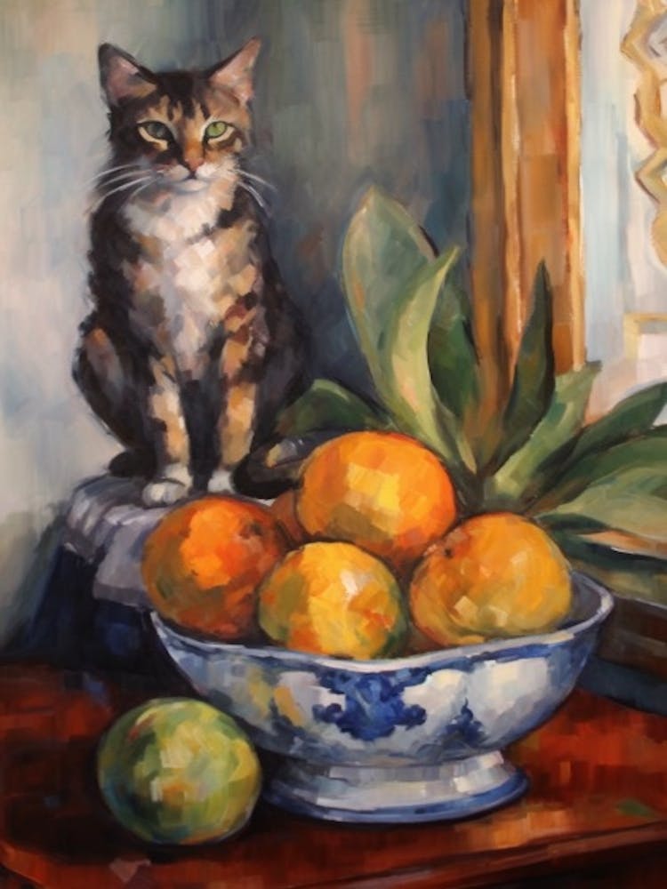 Flower Vase Proteas With A Cat 4 Impressionism, Cezanne Style