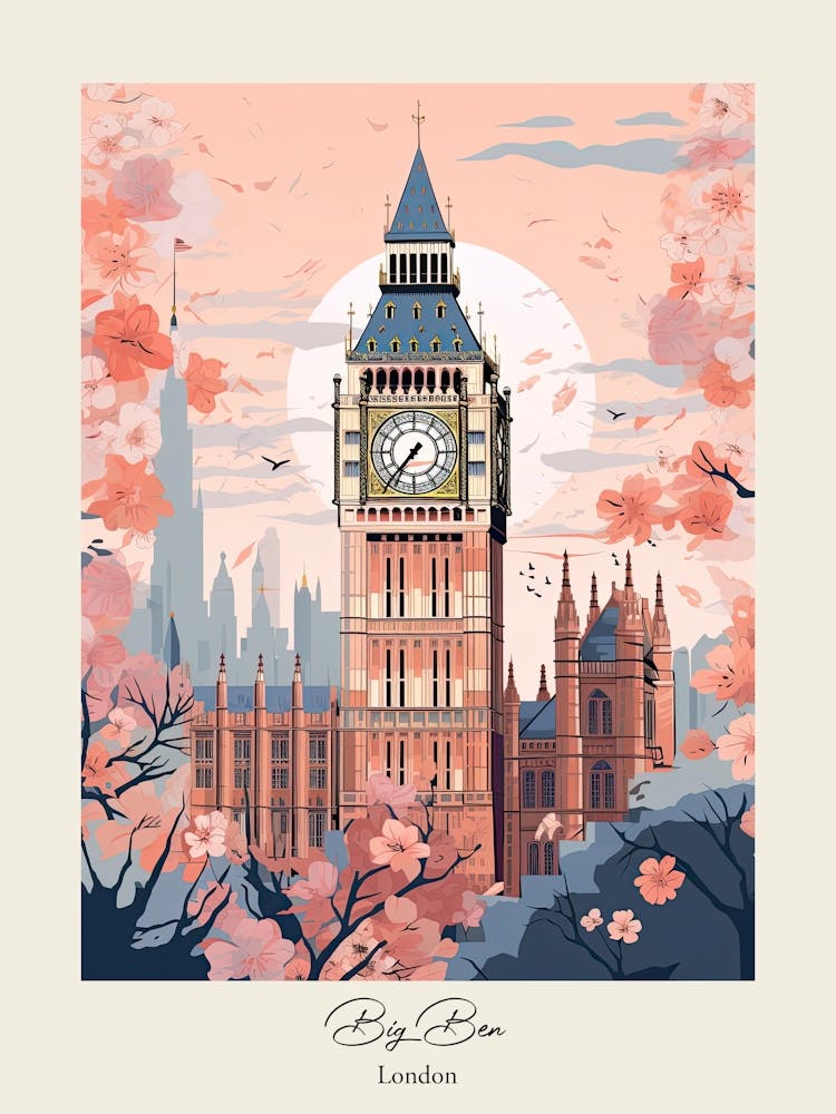 Big Ben, London   Cute Botanical Illustration Travel 4 Poster