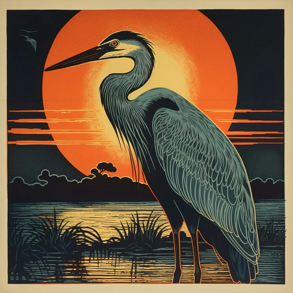Retro Bird Lithograph Great Blue Heron 2