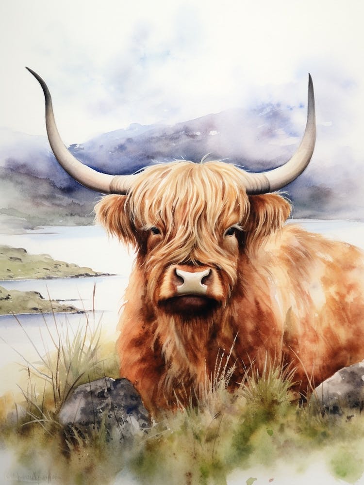 Highland Cow By The Lake Watercolour