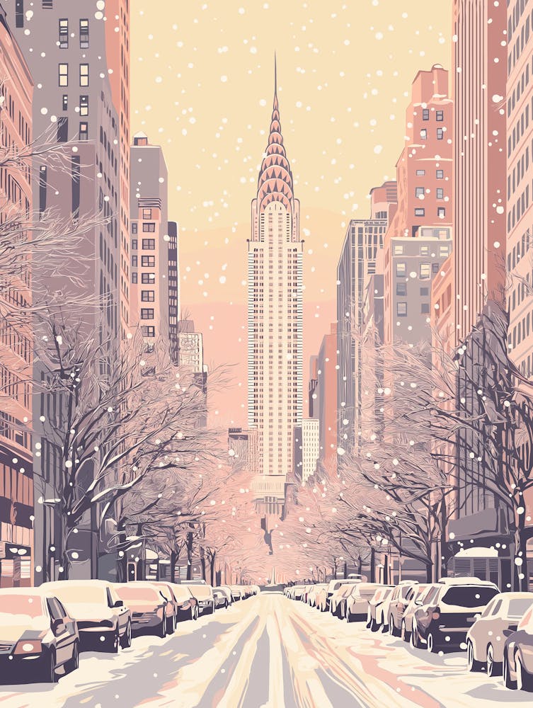 Vintage Winter Travel Illustration New York City USA