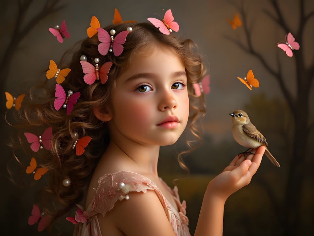 Fantasy: Girl with Butterflies in Hair Holding a Bird
