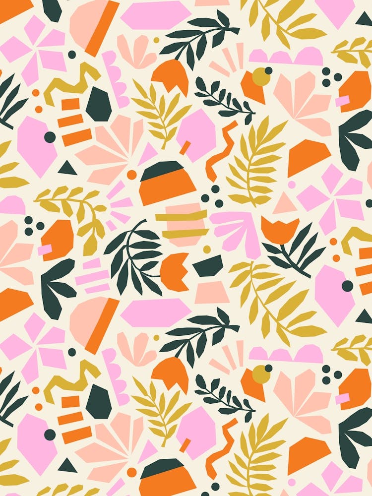 Paper Cut Out Collage Florals Abstract Flowers Multicolor on Cream