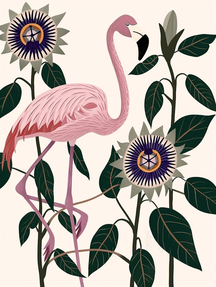 Zwergflamingo und Passionsblumen Minimalistische Illustration 4