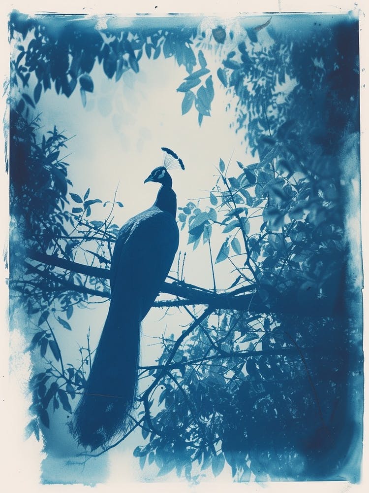 Cyanotype Inspired Peacock In The Tree 2