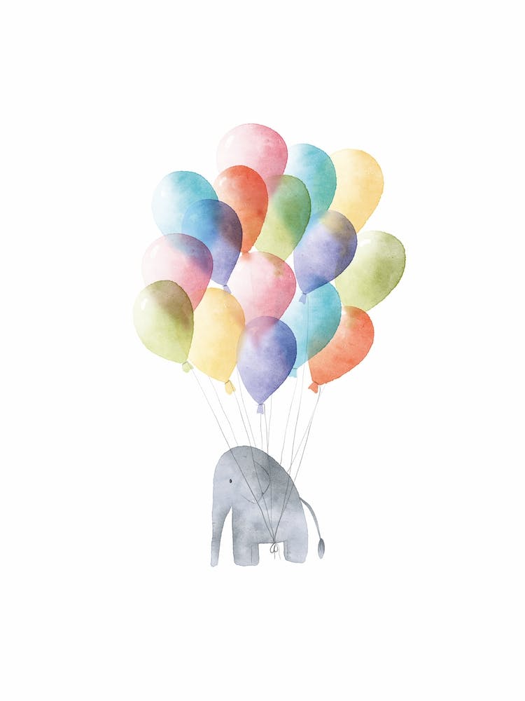 Watercolour Elephant With Balloons for Nursery