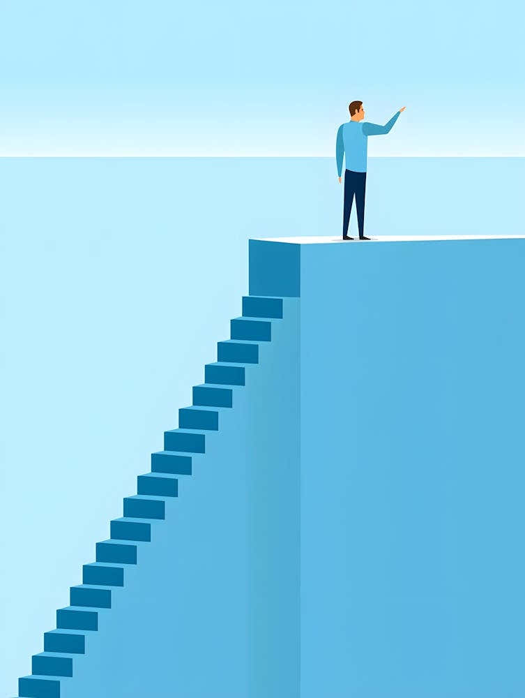 Aspiring Heights: Man Standing on a Cliff with Stairs Leading Upward