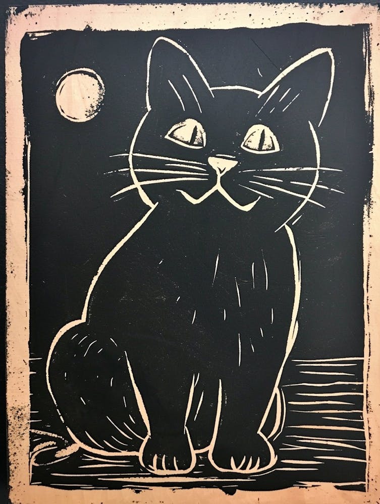 Munchkin Cat Linocut Blockprint 1