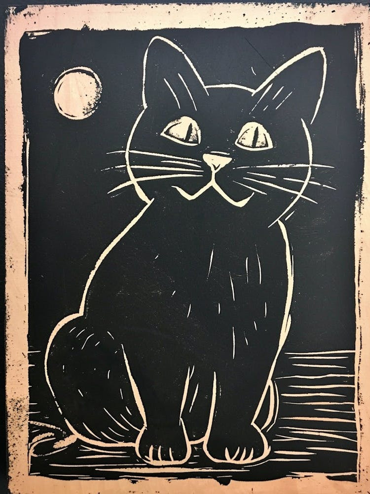 Munchkin Cat Linocut Blockprint 1