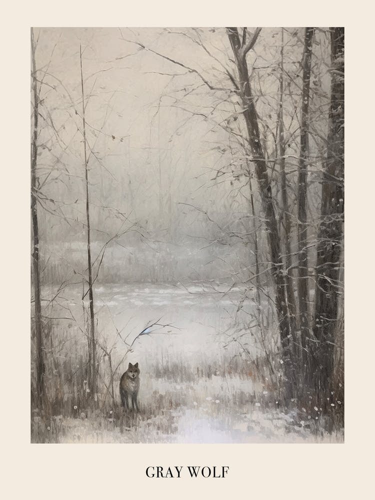 Vintage Winter Animal Painting Poster Gray Wolf 2