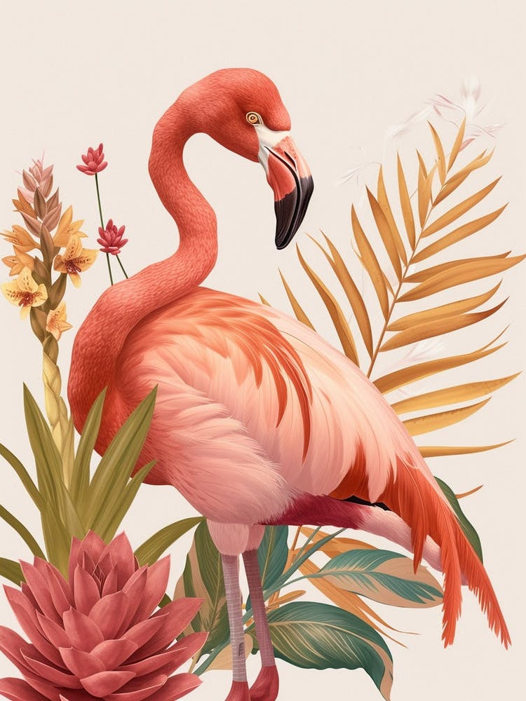 Lesser Flamingo And Bromeliads Minimalist Illustration 4