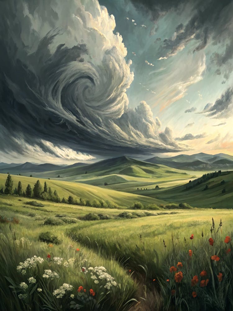 Oil Painting Style Muted Stormy Sky Above Open