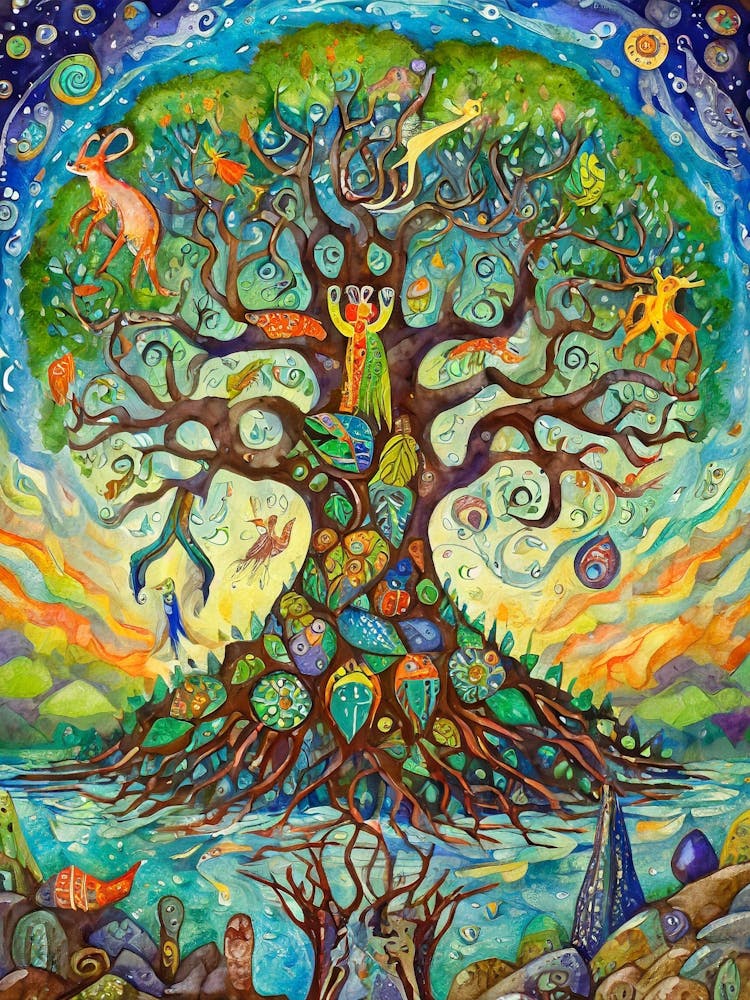 Mystical Tree Of Life With Creatures Of Folklore