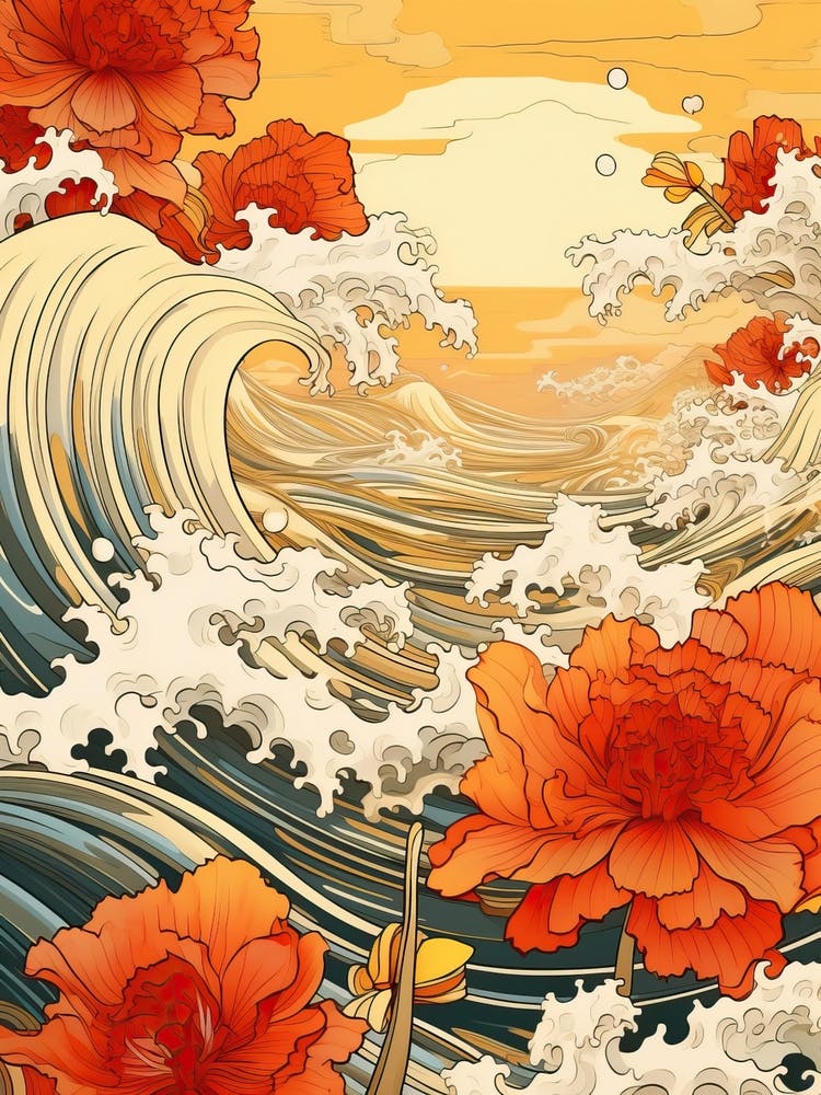 Great Wave With Daffodil Flower Drawing In The Style Of Ukiyo E 2