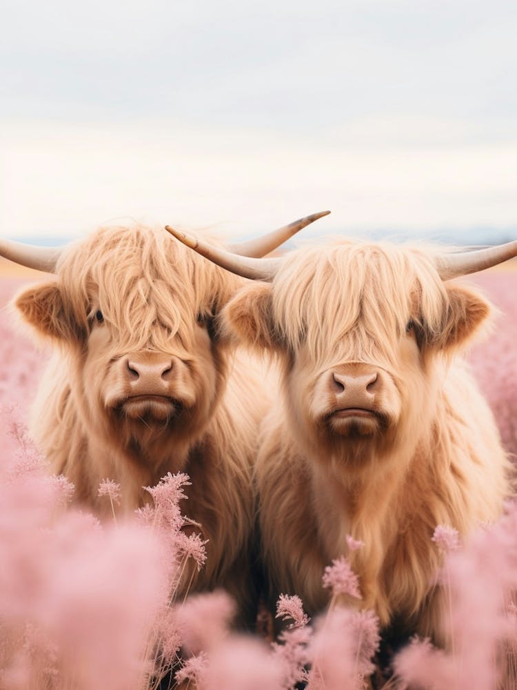 Two Highland Cows Behind The Pink Flowers