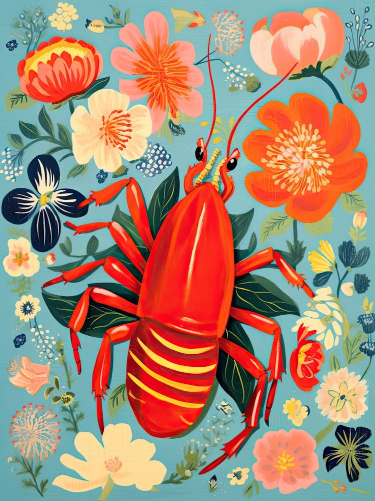 Summer Lobster And Flowers Illustration 3