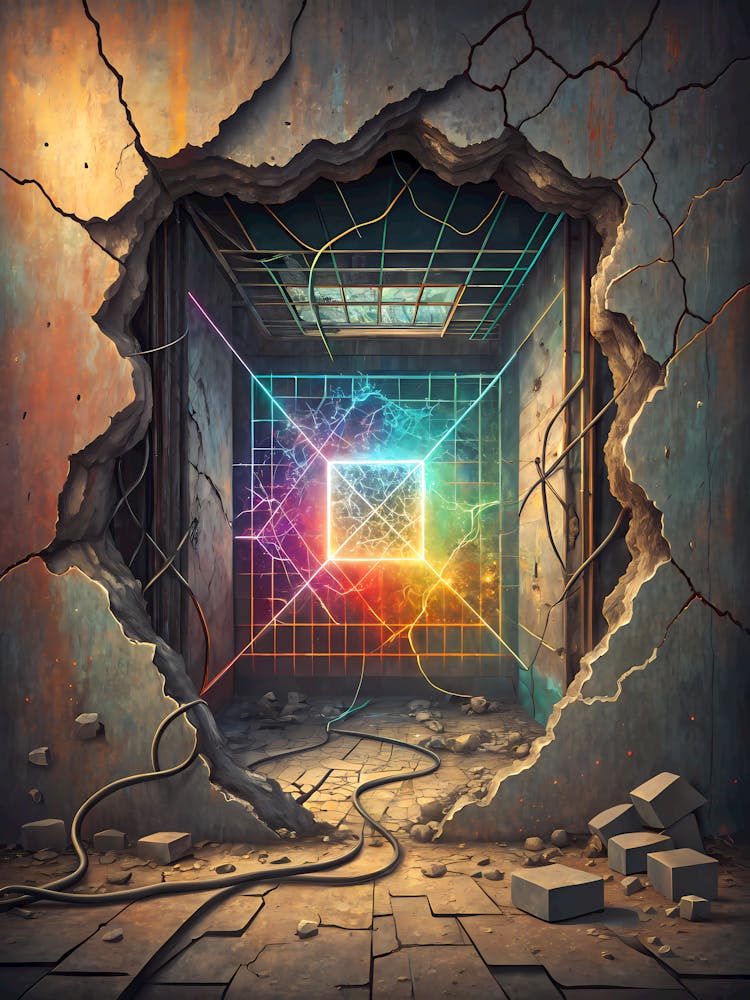 A Futuristic Hologram Grid Emerging from a Wall Oil Painting Style