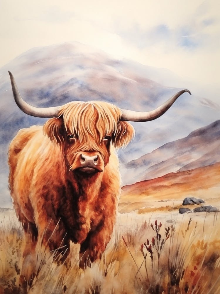 Curious Highland Cow In Field With Rolling Hills Watercolour 6