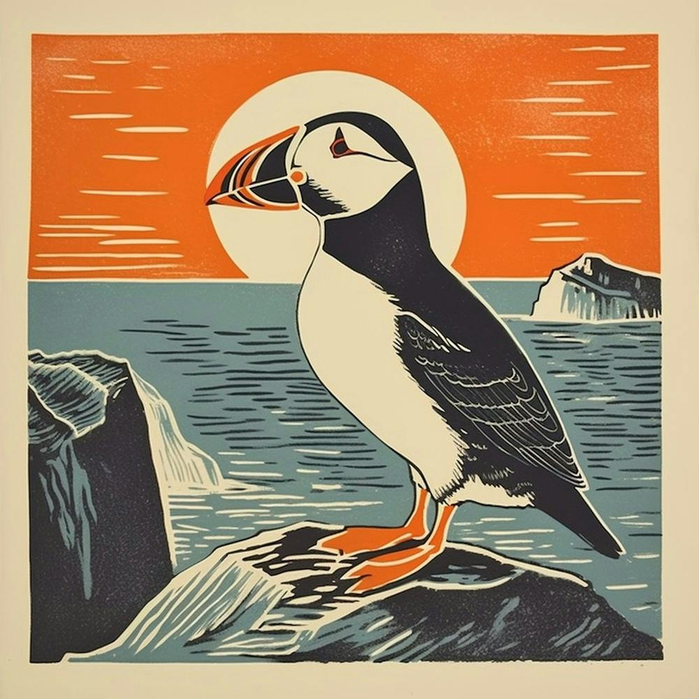 Retro Bird Lithograph Puffin 2