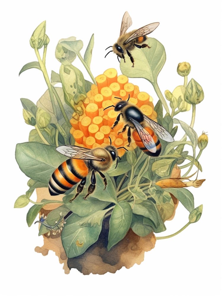 Orange Collared Leafcutter Bee Beehive Watercolour Illustration 1