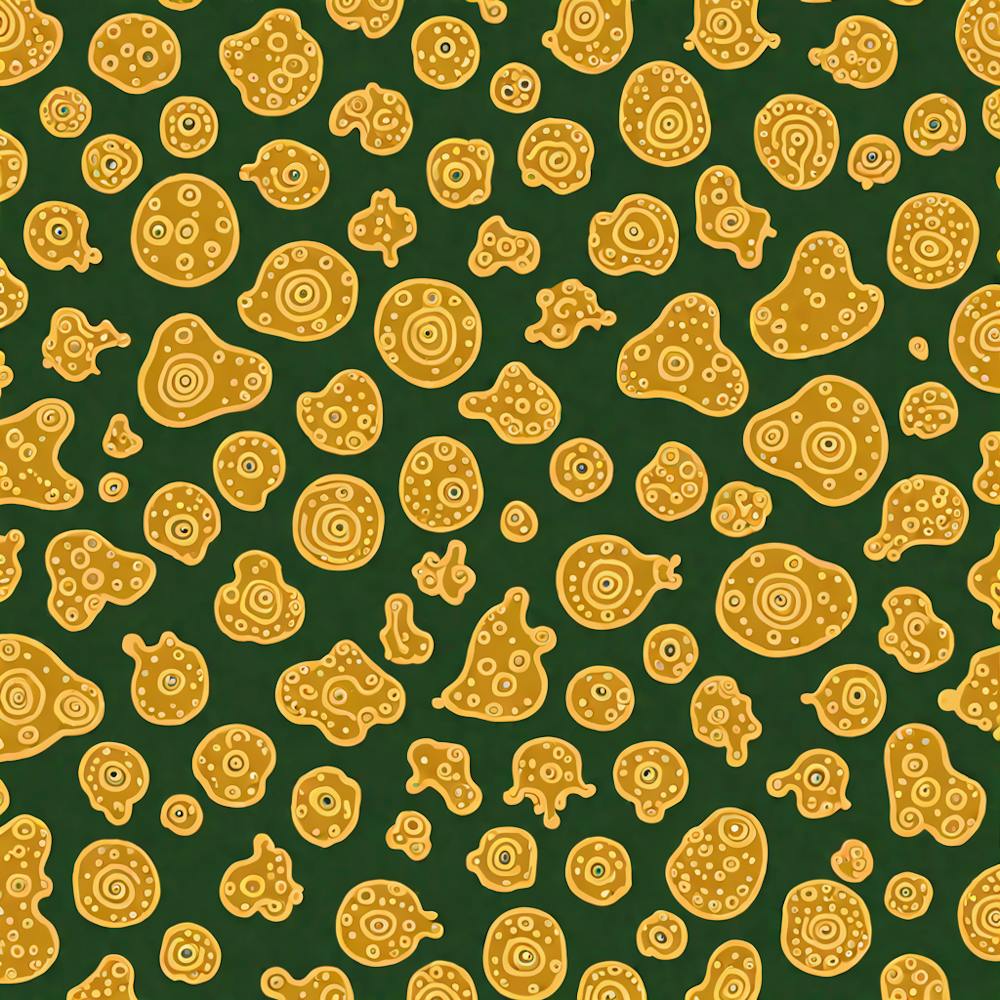 Gold And Green Seamless Pattern Featuring Amoeba Like Blobs Shapes With Edges, Flat Art, 113