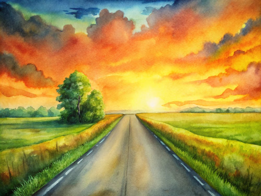 A Road Extending Endlessly Under A Vibrant Orange