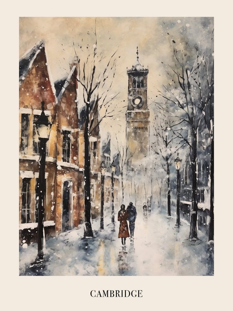 Vintage Winter Painting Poster Cambridge United Kingdom 1